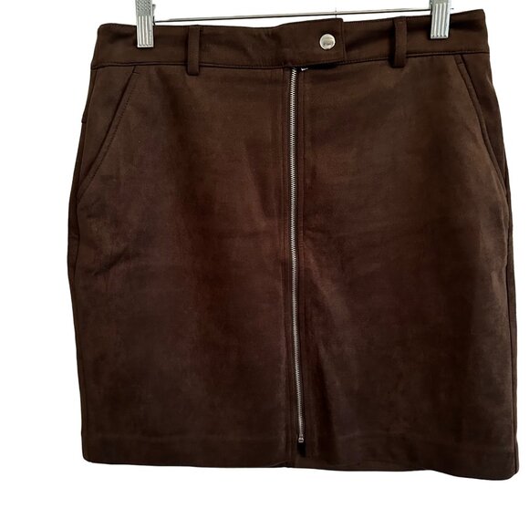 APT 9 Brown Faux Suede Mini Skirt Front Zipper Slash Pockets SZ S Preppy Academi - Picture 1 of 14